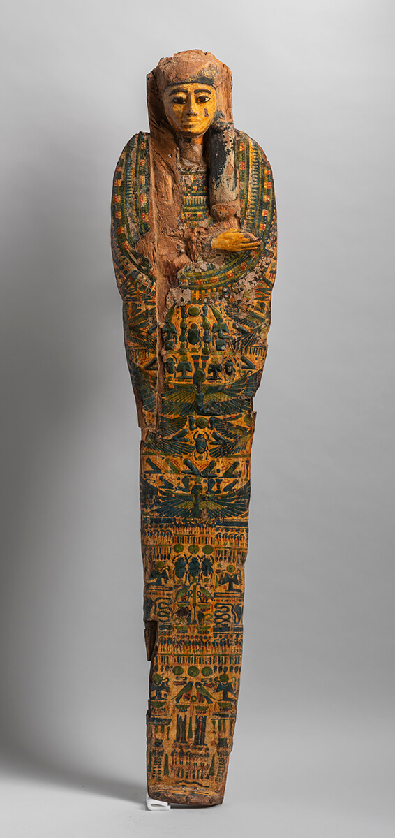 Cat 2228.1 e .2 Sarcofago interno e falso coperchio di Tamutmutef, cantatrice di Amon. Legno, pittura. Terzo Periodo Intermedio (1076-664 a.C.)