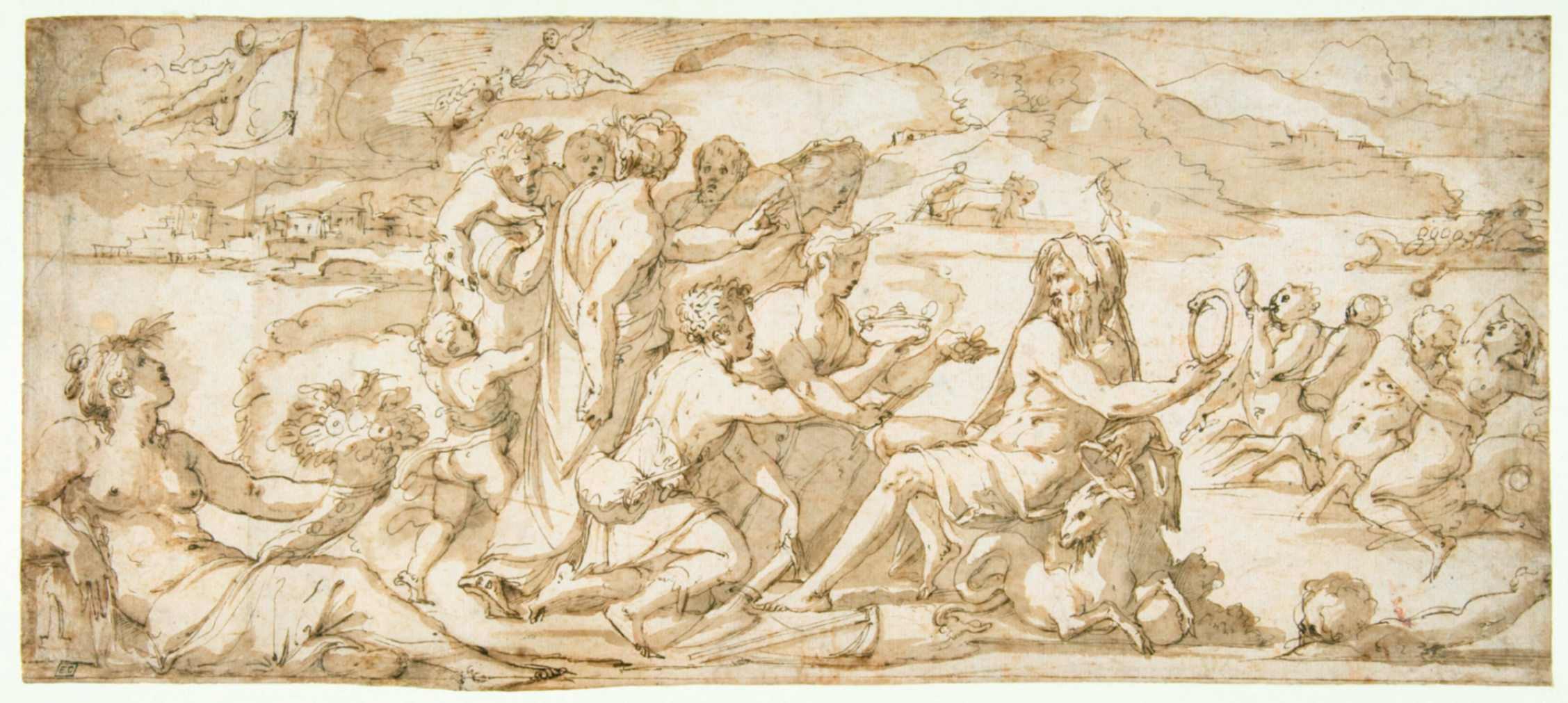 Giorgio Vasari, Le primizie della Terra sono offerte a Saturno, 1555 circa, penna e inchiostro marrone su tracce di matita nera. New York, Metropolitan Museum of Art, inv. 1971.273
