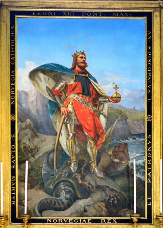 St Olav of Norway, also called the Eternal King of Norway. Painting by Pius Welonsky (1893) in Sant’Ambrogio e Carlo al Corso, Rome. Image: Rabax63, Wikimedia Commons CC BY-SA 4.0