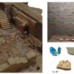 Mudbrick wall documented in the south corridor of the structure and a selection of imported materials, including glass bowls from the Eastern Mediterranean and a fragment of Pentelic marble sculpture. Credit: Proyecto Construyendo Tarteso