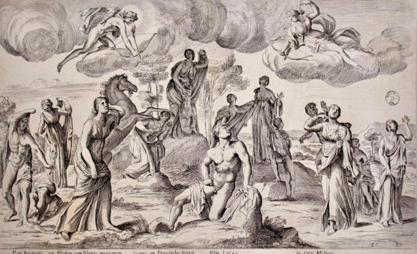 Disegno raffigurante il gruppo dei Niobidi con il Cavallo a Villa Medici nel Cinquecento (Francois Perrier, stampa, prima metà del XVII secolo, Gabinetto dei Disegni e delle Stampe degli Uffizi)