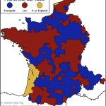MAP OF FRANCE, YEAR 1350: The crown estates (blue) were more directly subject to the king's influence, while the fiefs (red) had more autonomy. The yellow areas show areas that England had conquered during the Hundred Years' War