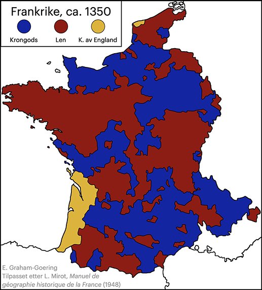MAP OF FRANCE, YEAR 1350: The crown estates (blue) were more directly subject to the king's influence, while the fiefs (red) had more autonomy. The yellow areas show areas that England had conquered during the Hundred Years' War
