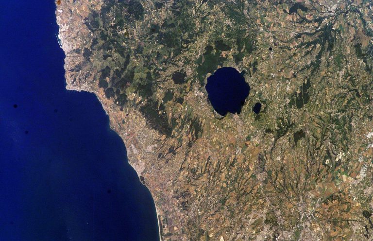 Roman harbour The Lake Bracciano in the Latium province of Italy. Public domain picture from NASA, Astronaut Photography of Earth ISS009-E-10949