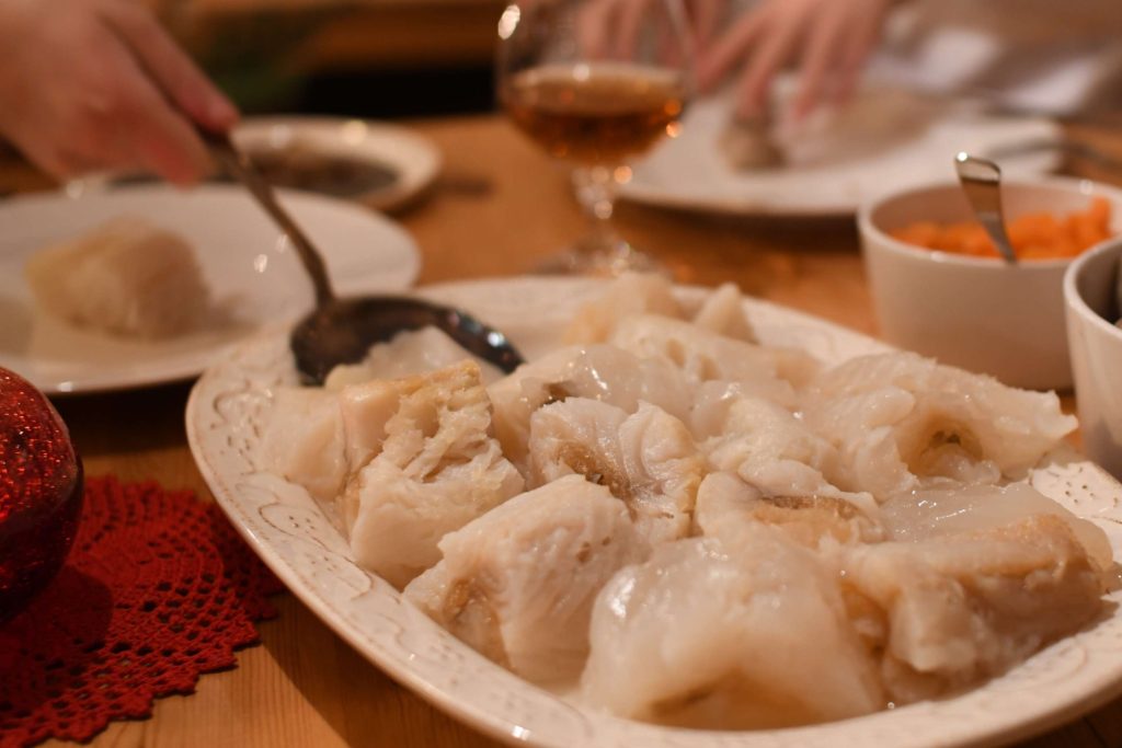 Lutefisk is made from dried fish, typically cod, that has been rehydrated in a lye solution. The fish is then soaked in water to neutralise the lye before being cooked. Photo: Liv Jorunn Hind