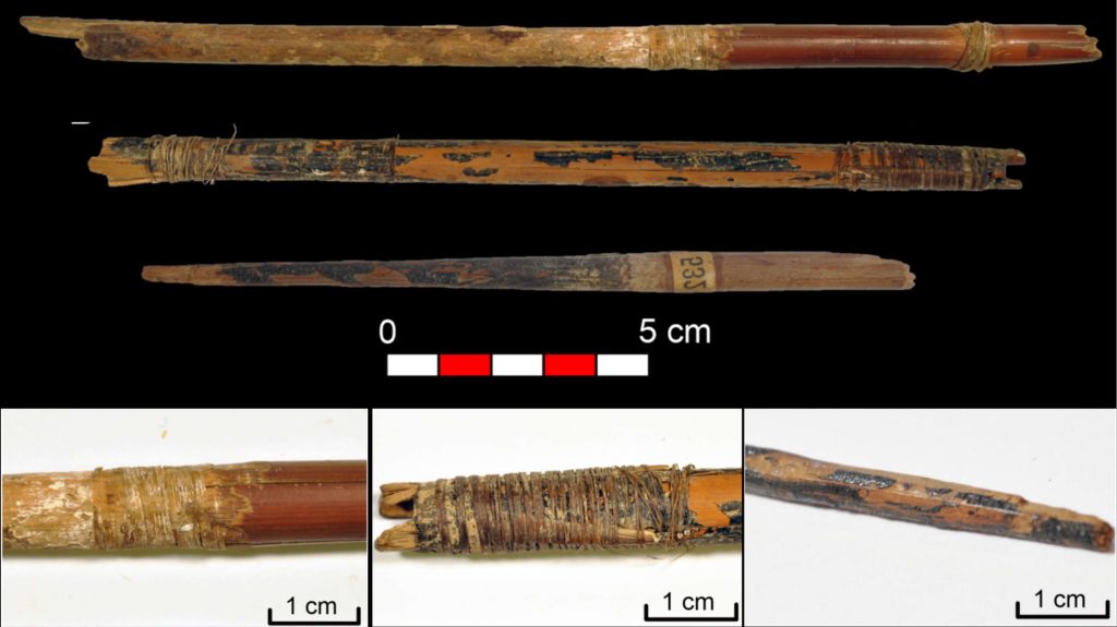 Three Neolithic arrows recovered from the Cave of Los Murciélagos in Albuñol: reed and wood (above) and details of tied sinew fibres, feathers and birch bark pitch (below). © MUTERMUR Project