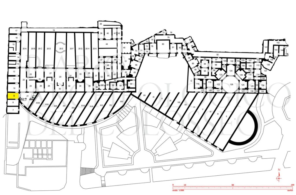 Planimetria generale del padiglione della Domus Aurea, in evidenza ambiente 9 in cui sono state individuate le due vasche (© Parco archeologico del Colosseo)