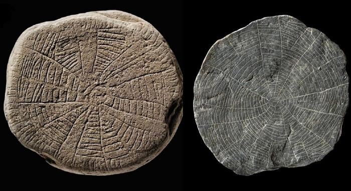 Two so-called sun stones, which are small flat shale pieces with finely incised patterns and sun motifs. They are known only from the island of Bornholm in the Baltic Sea. Photo Credits: National Museum of Denmark, CC BY-SA