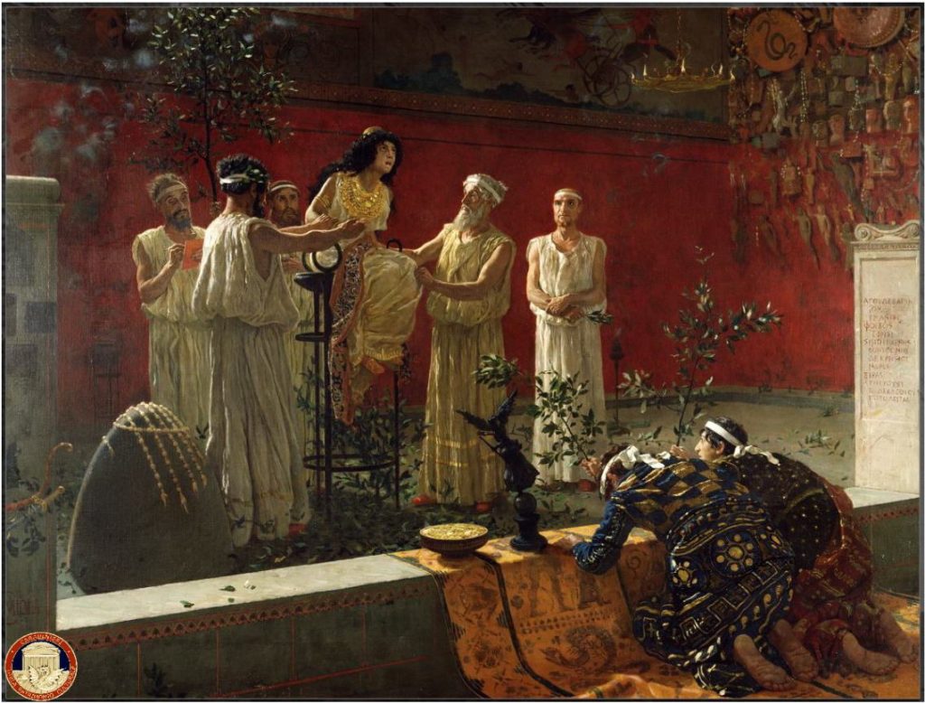 Camillo Miola (Napoli 1840-1919), L’Oracolo di Delfo (1880), olio su tela, misure 144 x 108 cm (senza cornice), 162 x 126 (con cornice), firmato in basso a sinistra CMIOLA, Provincia di Napoli, acquisto del 1881