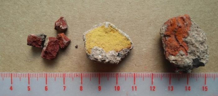 Ochre. Tinshemet Cave provide evidence for the extensive use of ochre (mineral pigments), which may have been used for body decoration. Photo Credits: Yossi Zaidner