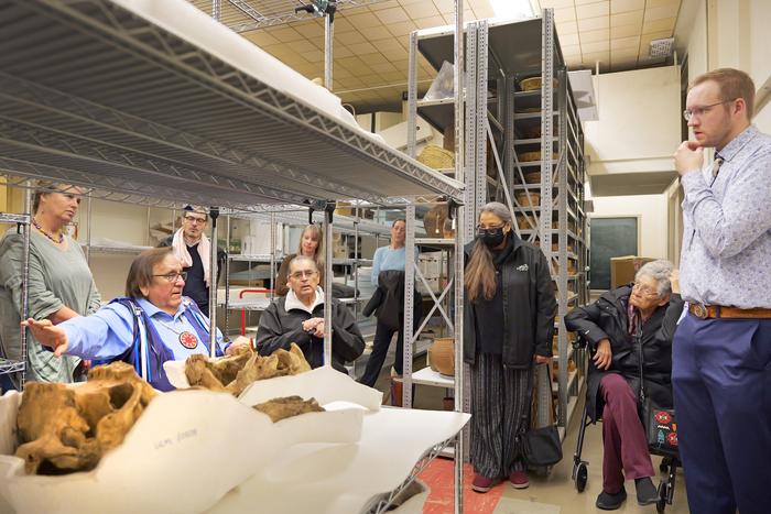 Lakota elders share their thoughts with William Taylor amid a collection of roughly 200 bison skulls on the CU Boulder campus. Photo Credits: Casey A. Cass/CU Boulder
