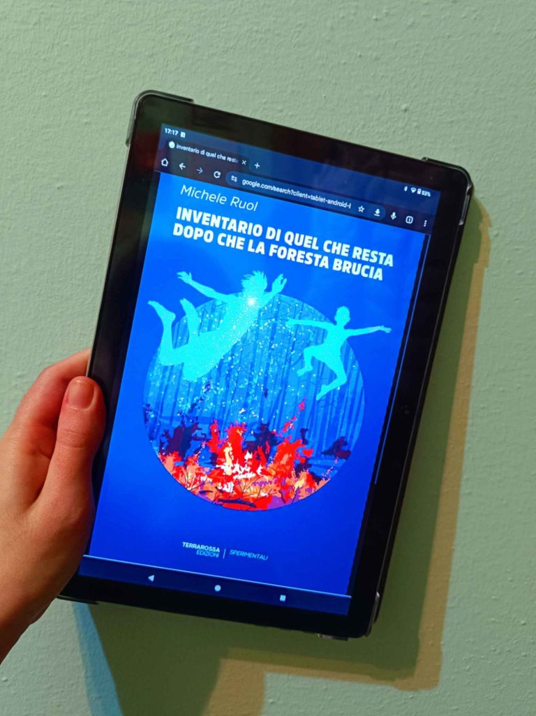 la copertina del romanzo Inventario di quel che resta dopo che la foresta brucia, esordio di Michele Ruol, pubblicato da TerraRossa Edizioni (2024) nella collana Sperimentali. Foto di Ilaria Parlanti