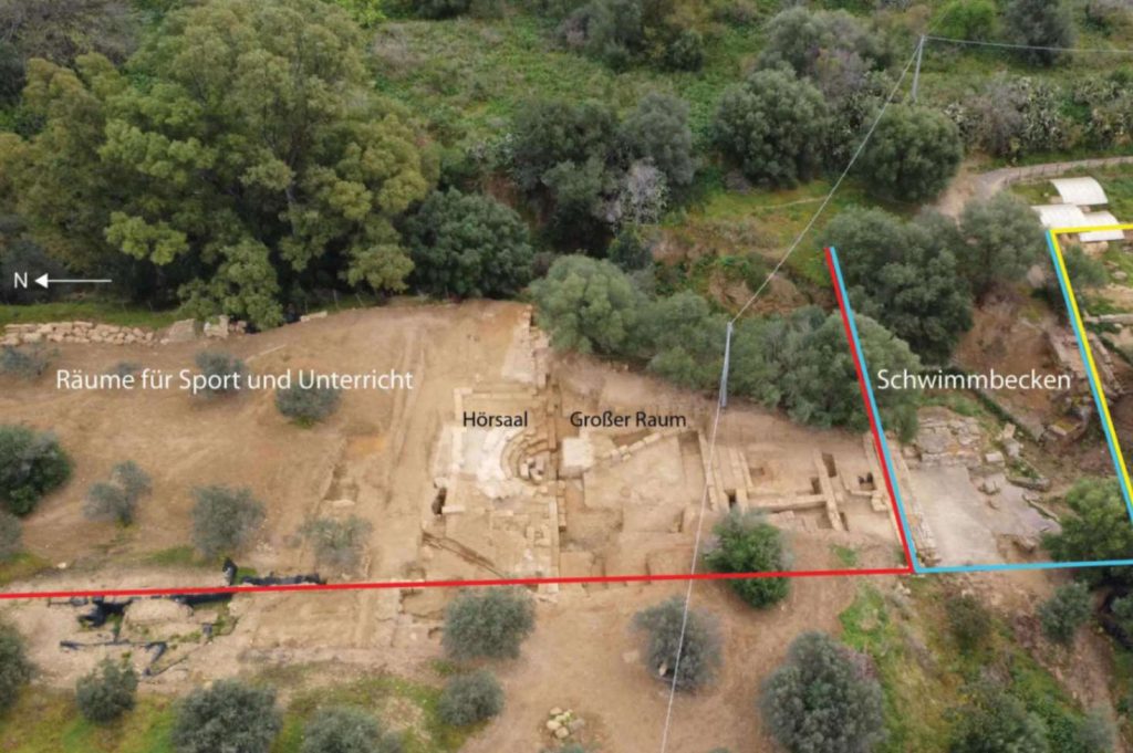 Drohnenfoto des bei Ausgrabungen entdeckten Gymnasiums in Agrigent.Bildquelle: Thomas Lappi – Monika Trümper, © FU Berlin, Institut für Klassische Archäologie