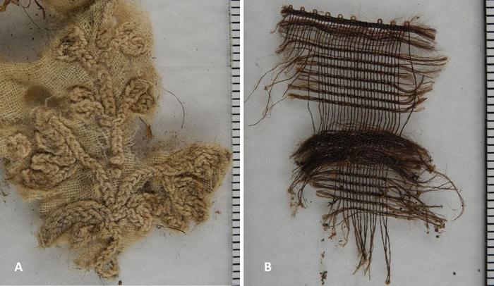 Franz Xaver Sidler von Rosenegg Further findings of special fabric tissue from the material detected in the mummy's abdominal cave: Left: A piece of cotton with an elaborate floral pattern. Right: Fragment of a silk fabric such as used for the mummy’s cross. Credit: Andreas Nerlich