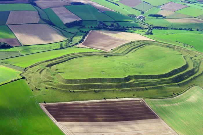Aerial view of Maiden Castle, Dorset, the largest Iron Age hillfort in Britain. Photo Credits: Jo and Sue Crane, CC0