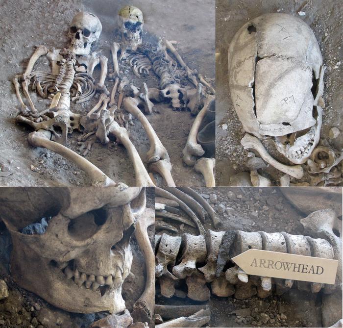 Two of the skeletons excavated by Mortimer Wheeler in the 1930s, dating from the 1st century AD. Both these individuals exhibit bladed weapon injuries, whilst one has a spear head lodged in his spine, previously interpreted (wrongly) as a Roman ballista bolt. Photo Credits: Martin Smith, CC0