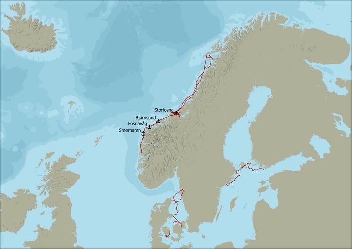 The sailing voyages made by Greer Jarrett during the research project. The image also shows the four possible Viking harbours identified by Jarrett. Photo Credits: Greer Jarrett