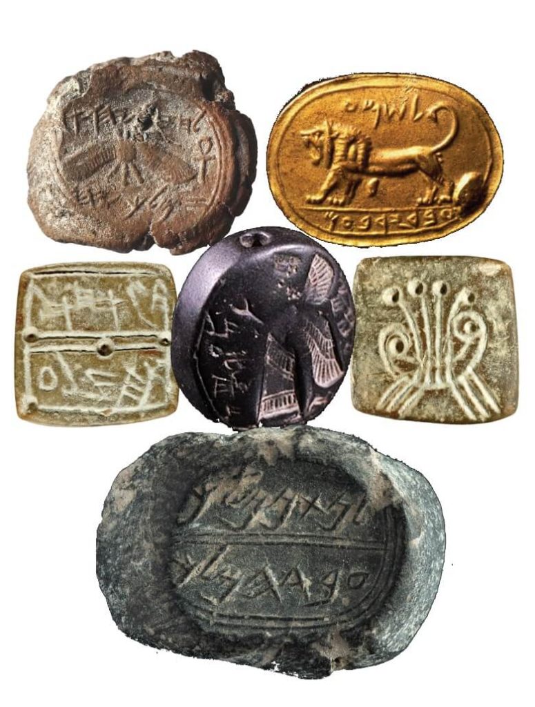 A collection of seals and seal impressions (bullae) bearing names and dated to the Biblical Kingdoms of Judah and Israel of the Iron Age. | Seals and seal impressions (bullae)Square seal from Bet Shemesh – courtesy of Benjamin Sass. Photo: Benjamin Sass.Reproduction of the lion seal (from Megido) – RTI photo: Michael Magen.King Hezekiah bulla (winged figure stamped on clay) – courtesy of the Hebrew University of Jerusalem. Photo: Ouria Tadmor.Nathan-Melech bullae (oval-shaped seal stamp) – courtesy of the City of David archive. Photo: Eliyahu Yanai.Black stone seal – courtesy of the City of David archive. Photo: Eliyahu Yanai