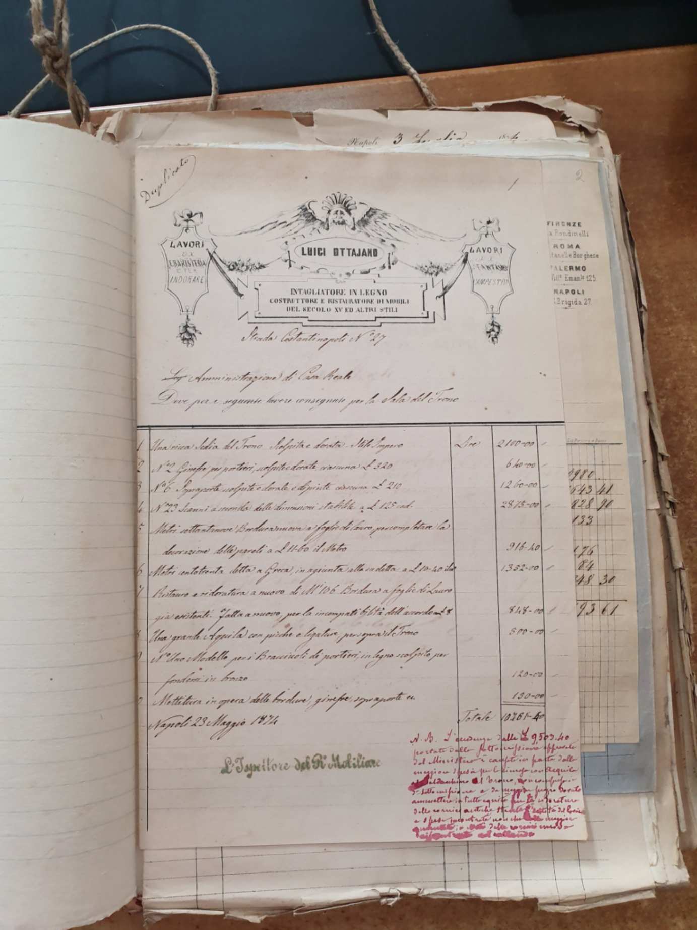 trono Palazzo Reale di Napoli sabaudo 1 documento fattura