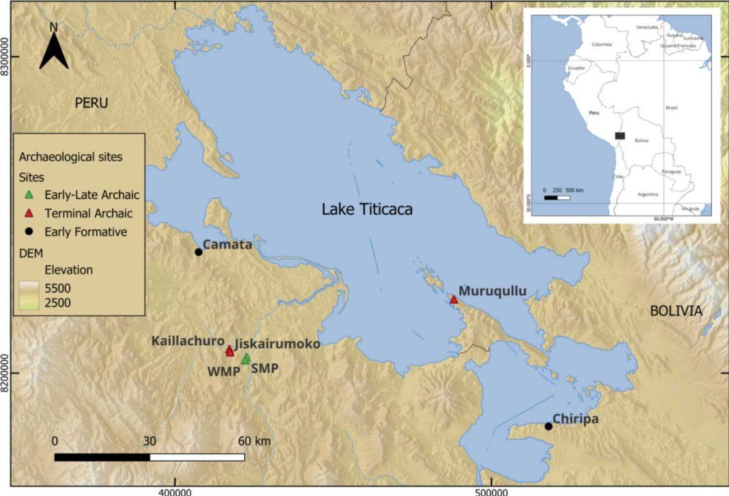 Location of Kaillachuro (KCO) and Jiskairumoko (JKM) and other archaeological sites in the Titicaca Basin, Andes. Early – Late Archaic Period sites (green triangles), Terminal Archaic sites (red triangles) and Early Formative (black dots) mentioned in the text are also indicated on the map. SMP = Soro Mik’aya Patjxa, WMP = Wilamaya Patjxa. Picture Credits: Flores-Blanco et al., 2025, PLOS One, CC-BY 4.0