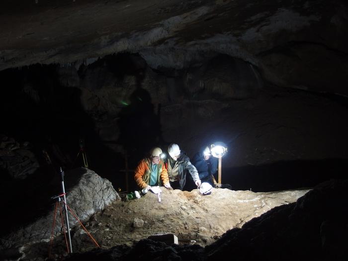 Excavations in 2022 in the Basque cave of Isturitz, France, where several dozen whale bone objects were discovered. Photo Credits: Jean-Marc Pétillon Excavation director: Christian Normand