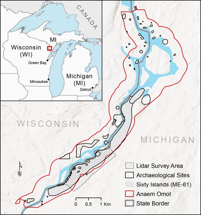 Map shows Sixty Islands and other archaeological sites along the Menominee River, and the lidar survey area. Picture Credits: Map by Carolin Ferwerda