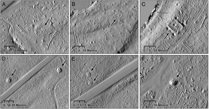 Lidar data detected other cultural features at Sixty Islands archaeological site in addition to agricultural field ridges, including: A) a newly documented dance ring; B) a historic building foundation; C) a 19th century logging camp; D) looted burial mounds; E) remains of previously unknown burial mounds at Backlund mound group; and F) a burial mound. Credits: Lidar images by Carolin Ferwerda and Jesse Casana