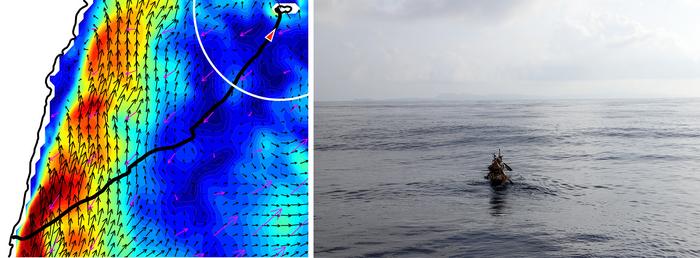 (Left) GPS tracking and modeling of ocean currents toward the end of the experimental voyage. (Right) The team around the time of the left image. ©2025 Kaifu et al. CC-BY-ND