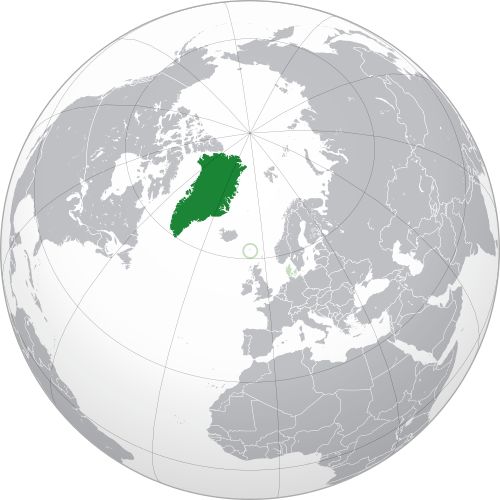 Greenland. Picture by Based2134, derived from File:Kingdom of Denmark (orthographic projection).svg (by Orionist), CC BY-SA 4.0