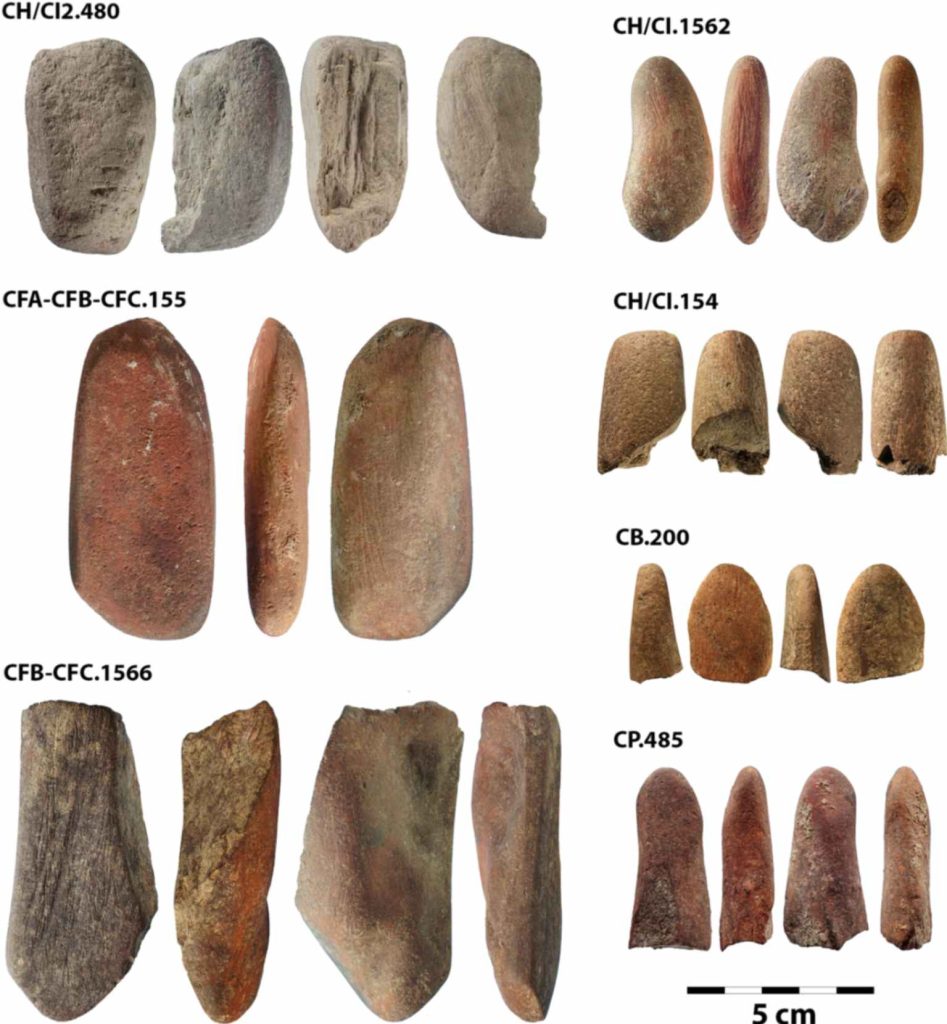 Seven ochre retouchers identified from the M3 to M1 phases at Blombos Cave. © 2025 Elizabeth C. Velliky et al., CC BY 4.0