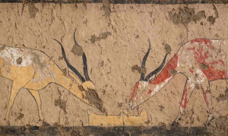 riallestimenti al Museo Egizio: dettaglio degli affreschi della tomba di Iti e Neferu