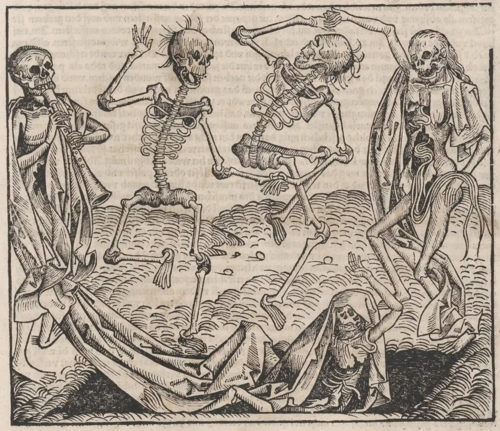 Michael Wolgemut (German, Nuremberg 1434–1519 Nuremberg), Dance of Death, leaf from "The Nuremberg Chronicle" (1493), Woodcut and letterpress text, Sheet: 18 1/8 × 12 1/2 in. (46 × 31.7 cm), Bequest of Herbert Mitchell, 2008, Object Number: 2018.839.160, public domain picture from the Metropolitan Museum of Art 