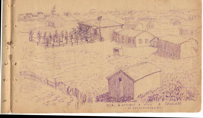 A page from Ivan Khripunov’s diary with his drawing (a view of his family’s house in the village [khutor] Prishib, Rostov oblast, where they lived until 1935), 1941. The inscription at the bottom reads: “The house [khata] where I lived in Prishib ([drawn] from memory)”. Photo Credits: Aleksandr Khripunov and Svetlana Bykova