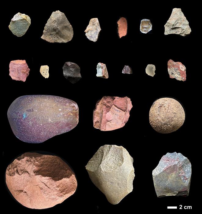 Oldowan stone tools made from a variety of raw materials sourced more than 6 miles away from where they were found in southwestern Kenya. Photo Credits: E.M Finestone, J.S. Oliver, Homa Peninsula Paleoanthropology Project