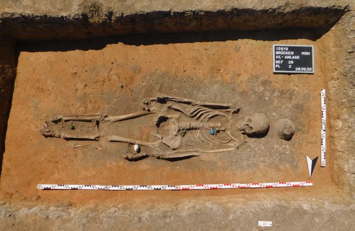 Undisturbed burial of an adult woman with genetic markers indicating local origin. Grave goods: glass bead jewelry and a cowrie shell amulet. Pre-Slavic cemetery of Brücken, feature 13913:29. Photo Credits: © Landesmuseum für Vorgeschichte