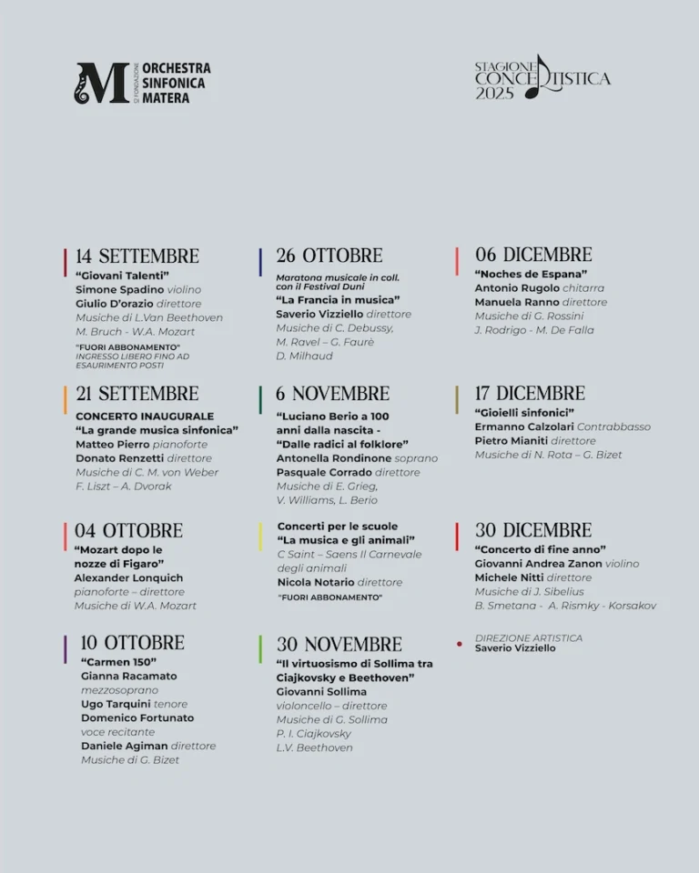 il programma della presentazione della stagione sinfonica autunno - inverno 2025 dell'Orchestra Sinfonica di Matera