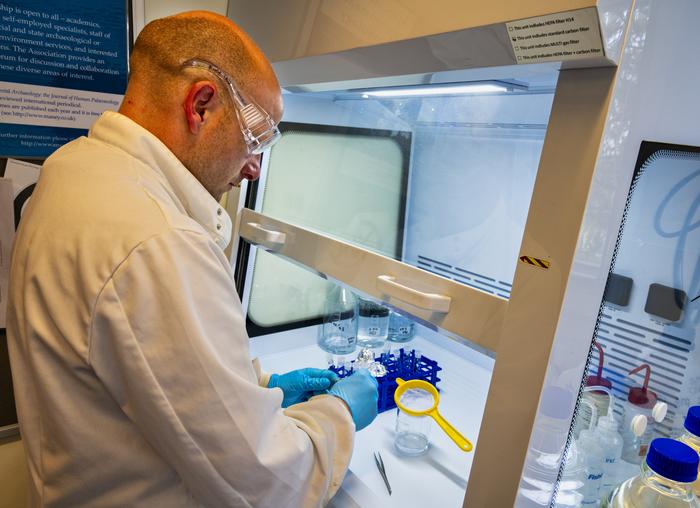 Collagen samples being processed by Professor Richard Madgwick. Photo Credits: Cardiff University