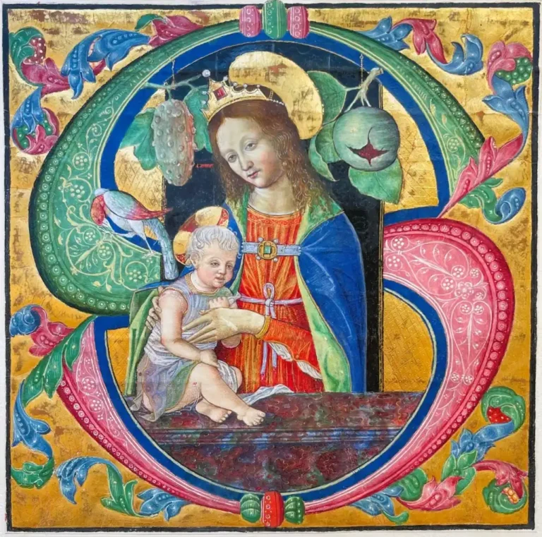 Carabinieri TPC: restituita una pagina miniata da Fra Antonio da Monza alla Basilica di Santa Maria in Aracoeli Fra Antonio da Monza (XV sec.) “Madonna con Bambino” frammento della pagina miniata recuperata (mm 256x256)