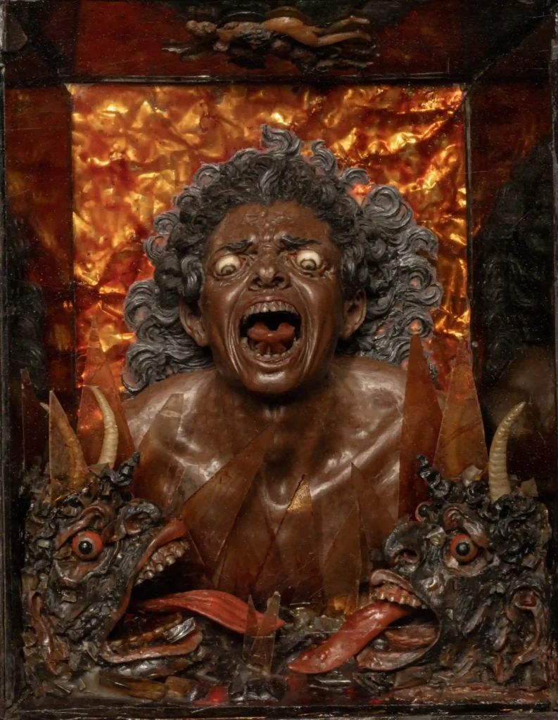 Giulio de Grazia, attribuito(documentato a Napoli dal 1598 al 1641) Anima Dannata 1600-1620 circa cera policroma, vetro, osso, mica, specchio 17 x 12 cm Firenze, Gallerie degli Uffizi, Palazzo Pitti, Tesoro dei Granduchi