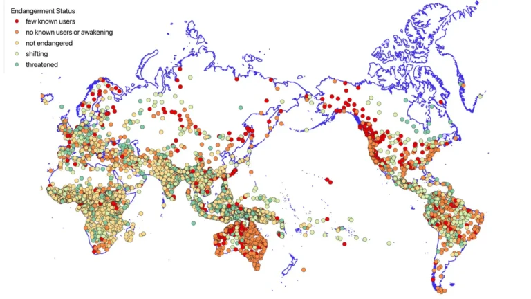 Contemporary languages and endangerment status. Made with a Natural Earth base map using data from Glottolog 5.3 and information adapted from GlottoScope. Credits: © Claire Bowern